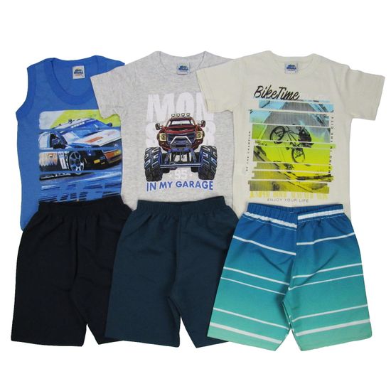 Conjunto Masculino Infantil Verão Kit com 3 Unidades Azul Claro, Cinza e Creme-4
