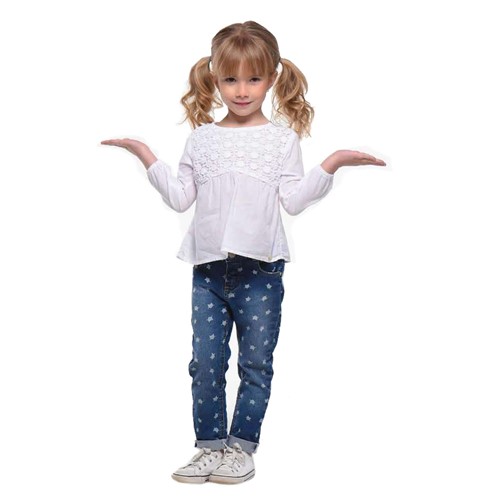 Conjunto Menina Bata Branca e Calça Jeans Estampa Gatinhos - Mania Kids 2t