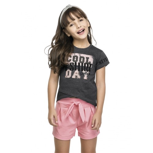 Conjunto Menina Camiseta Grafite e Short Cotton Rosa - Quimby 8 Anos