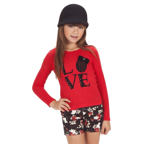 Conjunto Menina Camiseta Vermelha Love e Short Neoprene Gatinhos Gabriela Aquarela 6 Anos