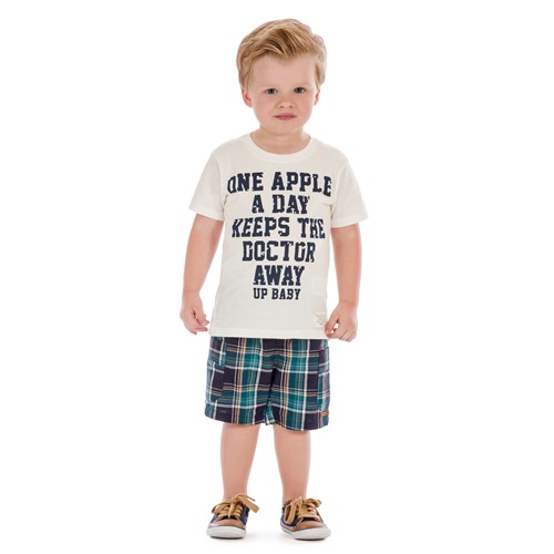 Conjunto Menino Camiseta Off-White One Apple e Bermuda Xadrez Azul Marinho Up Baby 3 Anos