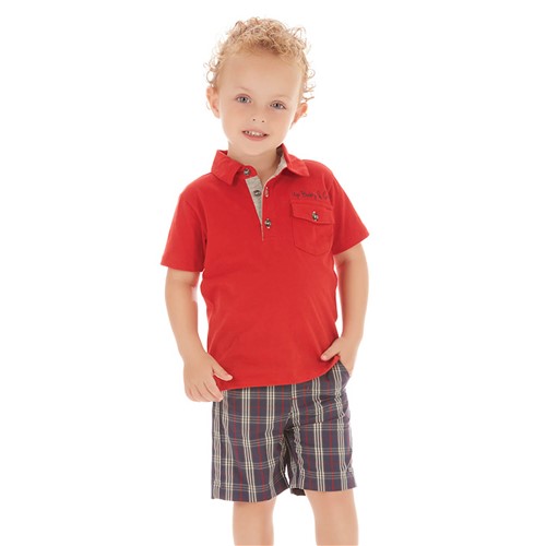 Conjunto Menino Camiseta Polo Vermelha e Bermuda Xadrez Azul Marinho Up Baby 1 Ano