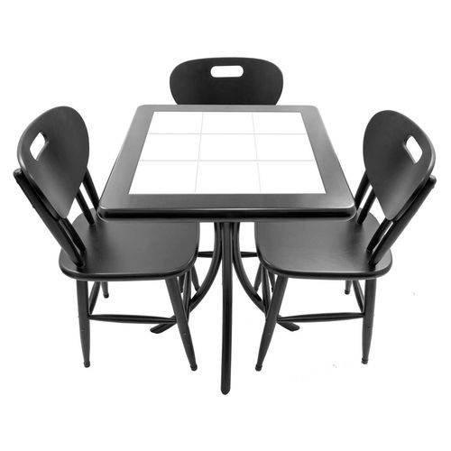 Conjunto Mesa de Azulejo Quadrada 60x60cm com 3 Cadeiras Azulejo Branco Preto - Tambo