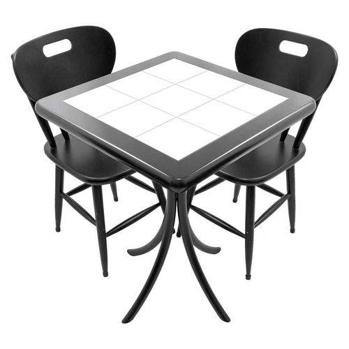 Conjunto Mesa de Azulejo Quadrada 60x60cm com 2 Cadeiras Azulejo Branco Preto - Tambo