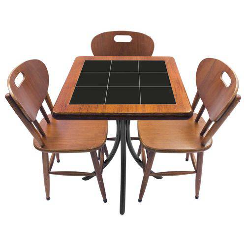 Conjunto Mesa de Azulejo Quadrada 60x60cm com 3 Cadeiras Azulejo Preto Imbuia - Tambo