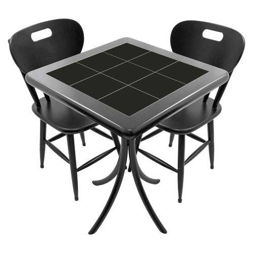 Conjunto Mesa de Azulejo Quadrada 60x60cm com 2 Cadeiras Azulejo Preto Preto - Tambo