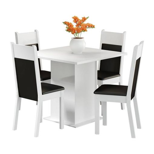 Conjunto Mesa de Jantar com 4 Cadeiras em Courino Branco-Preto Malibu Madesa