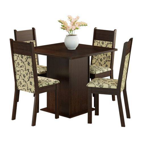 Conjunto Mesa de Jantar com 4 Cadeiras em Courino Tabaco-Floral Malibu Madesa