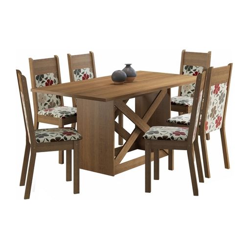 Conjunto Mesa de Jantar e 6 Cadeiras Estofadas Rustic-Hibiscos Catia Madesa