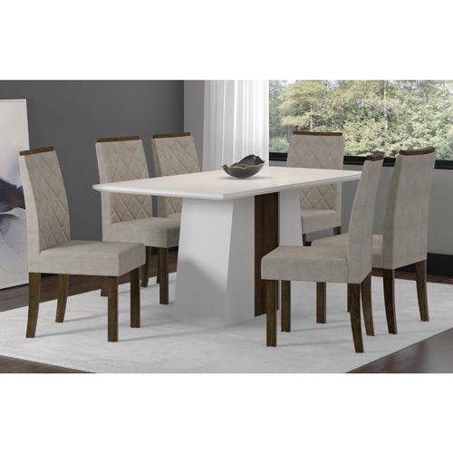 Conjunto Mesa de Jantar Suprema com 6 Cadeiras Elegance Cq Tampo de Vidro 160X90cm - Rústico/Branco