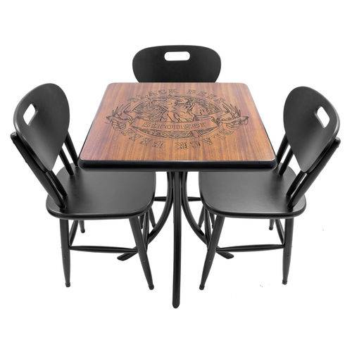 Conjunto Mesa de Madeira Pirografada Quadrada 60x60cm com 3 Cadeiras Black Beer Preto - Tambo