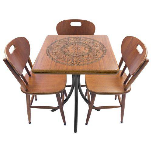 Conjunto Mesa de Madeira Pirografada Quadrada 60x60cm com 3 Cadeiras Pilsner Imbuia - Tambo