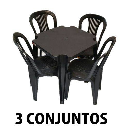 Conjunto Mesa e 4 Cadeiras Bistro Plástico Preto 3 Conjuntos
