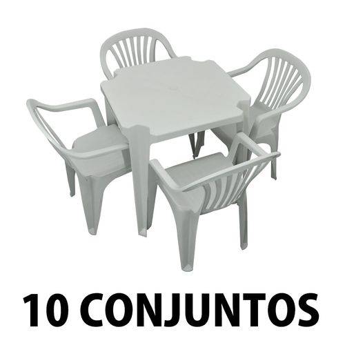 Conjunto Mesa e 4 Cadeiras Poltrona Plastico Branco 10 Conjuntos