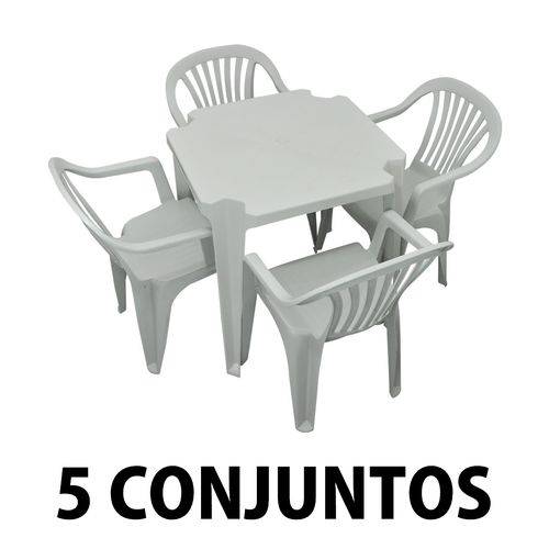 Conjunto Mesa e 4 Cadeiras Poltrona Plastico Branco 5 Conjuntos