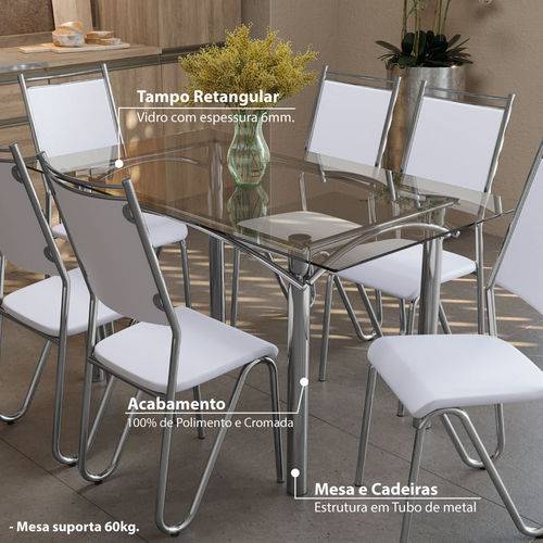 Conjunto Mesa Elba de Vidro com 6 Cadeiras Londres Kappesberg - Cromado/Branco