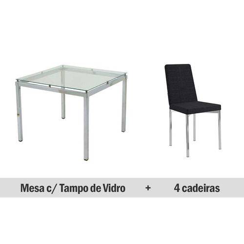Conjunto Mesa Jantar Carraro- Base 326 Tampo 95cm+4 Cadeiras 399- Cromada/Black Listrado/Preto Trama