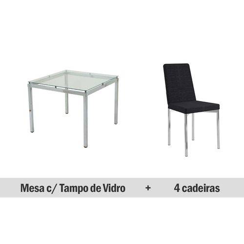 Sala de Jantar Carraro-Base Cromada 326 Vidro In 95cm+4 Cadeiras 399 Black Listrado/Preto Trama