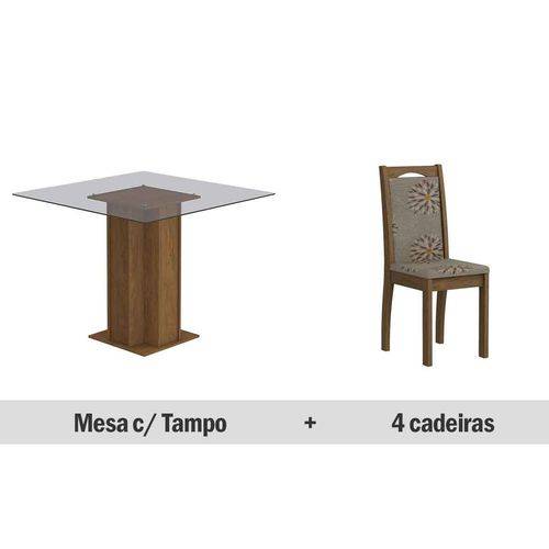 Sala de Jantar Cimol - Base Madeirado Sophia Vidro 100cm+4 Cadeiras Lívia - Cor Savana- Café