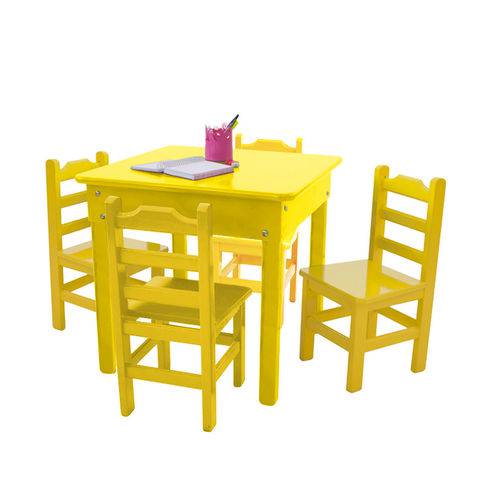 Conjunto Pop Infantil Mesa 60x60 Cm de Madeira Maciça com 4 Cadeiras Amarela