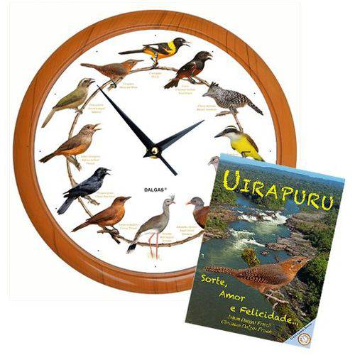 Conjunto Relógio de Parede com Sons de Pássaros com Borda na Cor Madeira (adendo Sonoro) e Livro Uir