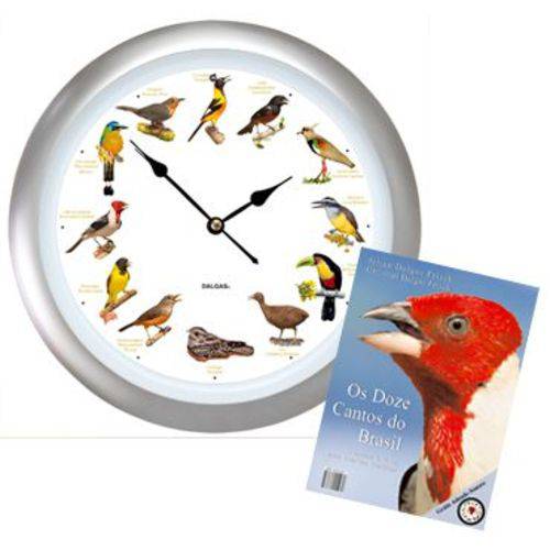 Conjunto Relógio de Parede com Sons de Pássaros com Borda na Cor Prata (adendo Sonoro) e Livro os do