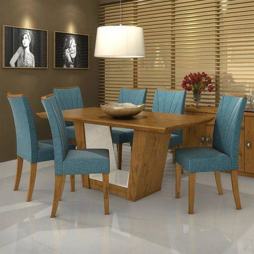 Conjunto Sala de Jantar 6 Cadeiras Rovere Linho Rinzai Azul