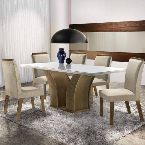 Conjunto Sala de Jantar Mesa Adria 6 Cadeiras Pietra LJ Móveis Castor/Pena Bege/Laka Branco/Branco