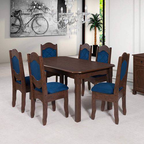 Conjunto Sala de Jantar Mesa e 6 Cadeiras Imperial Art Panta Castanho Rústico/Azul
