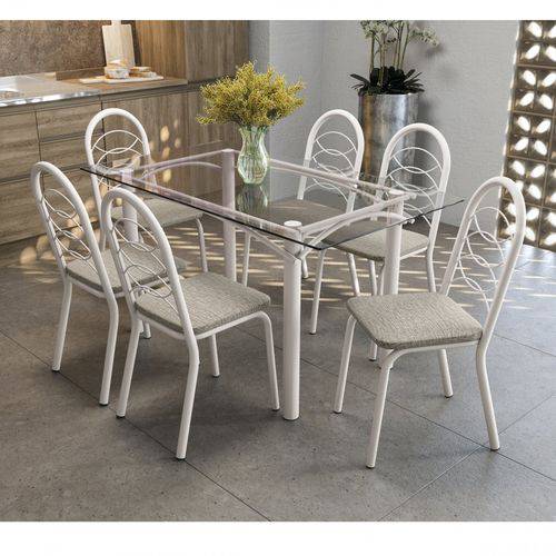 Conjunto Sala de Jantar Mesa Elba 6 Cadeiras Holanda Crome Kappesberg Branco Fosco/Linho Marrom
