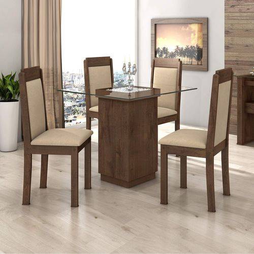 Conjunto Sala de Jantar Mesa Petra 4 Cadeiras Pérola Móveis Lopas Imbuia Soft/Veludo Naturale
