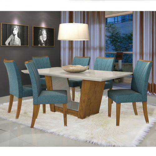 Conjunto Sala de Jantar Mesa Tampo Mdf 6 Cadeiras Apogeu Móveis Lopas Rovere/rinzai Azul