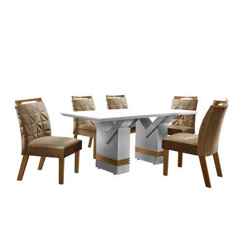 Conjunto Sala de Jantar Mesa Tampo MDF 6 Cadeiras Esparta LJ Móveis Branco/Castanho