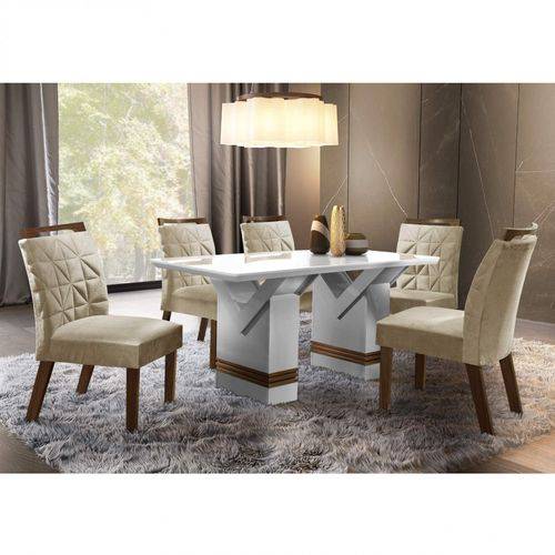Conjunto Sala de Jantar Mesa Tampo MDF 6 Cadeiras Esparta LJ Móveis Branco/Chocolate