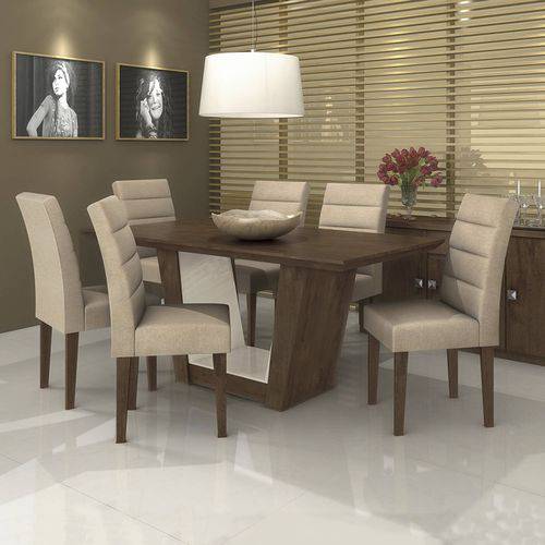 Conjunto Sala de Jantar Mesa Tampo MDF Apogeu 6 Cadeiras Fiorella Móveis Lopas Imbuia Soft/Rinzai