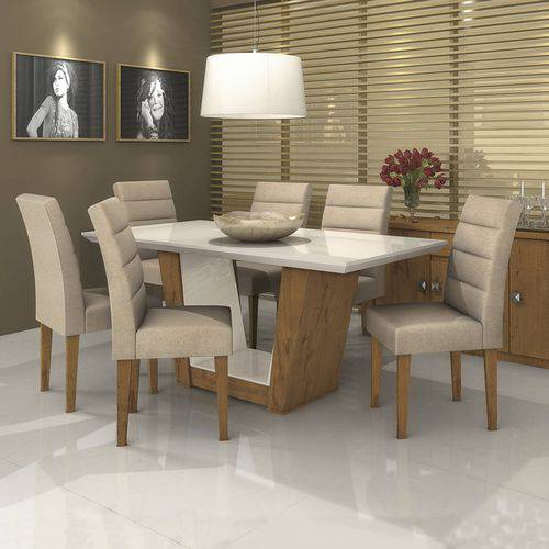 Conjunto Sala de Jantar Mesa Tampo MDF Off White Apogeu 6 Cadeiras Fiorella Móveis Lopas Rovere