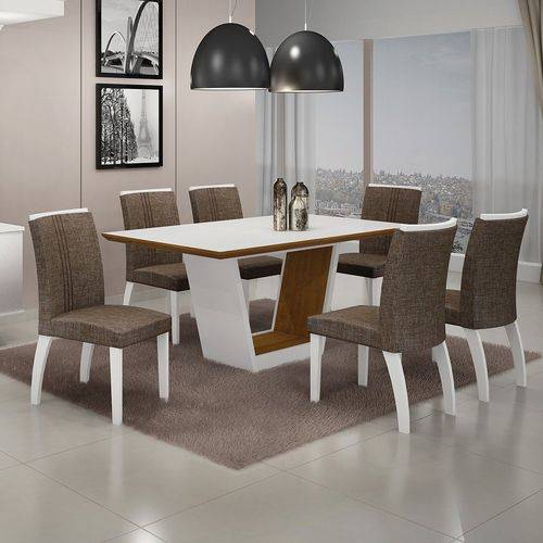 Conjunto Sala de Jantar Mesa Tampo MDF/Vidro 6 Cadeiras Linho Alemanha Leifer Flex Color