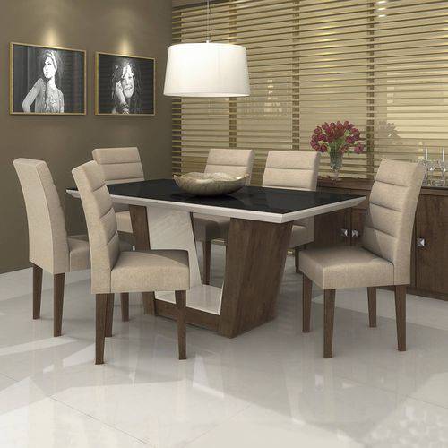 Conjunto Sala de Jantar Mesa Tampo MDF/Vidro Branco Preto Apogeu 6 Cadeiras Fiorella Móveis Lopas