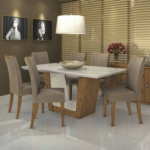 Conjunto Sala de Jantar Mesa Tampo MDF/Vidro Off White 180cm 6 Cadeiras Apogeu Móveis Lopas Rovere