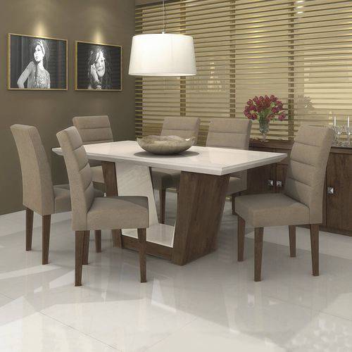 Conjunto Sala de Jantar Mesa Tampo MDF/Vidro Off White 180cm Apogeu 6 Cadeiras Fiorella Móveis