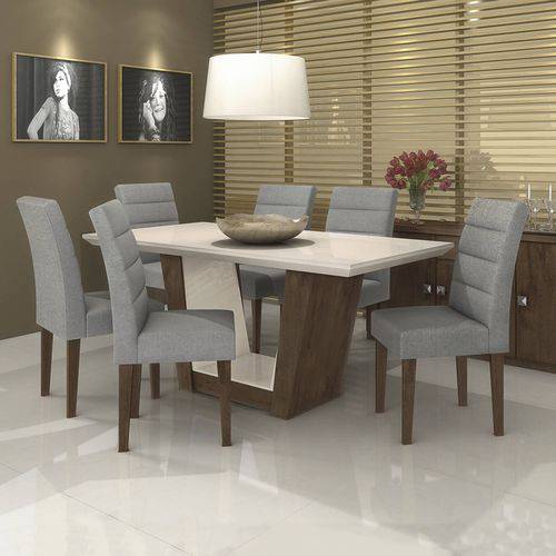 Conjunto Sala de Jantar Mesa Tampo MDF/Vidro Off White 180cm Apogeu 6 Cadeiras Fiorella Móveis
