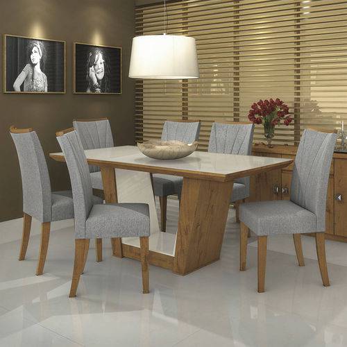 Conjunto Sala de Jantar Mesa Tampo MDF/Vidro Off White 6 Cadeiras Apogeu Móveis Lopas Rovere