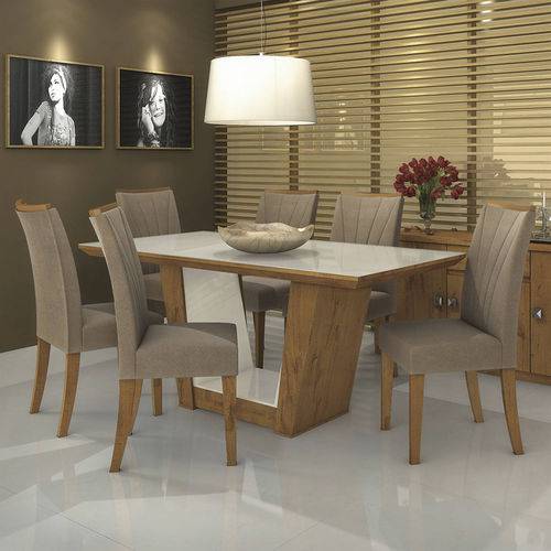 Conjunto Sala de Jantar Mesa Tampo MDF/Vidro Off White 6 Cadeiras Apogeu Móveis Lopas Rovere