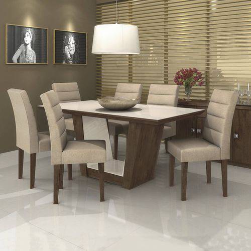 Conjunto Sala de Jantar Mesa Tampo MDF/Vidro Off White Apogeu 6 Cadeiras Fiorella Móveis Lopas