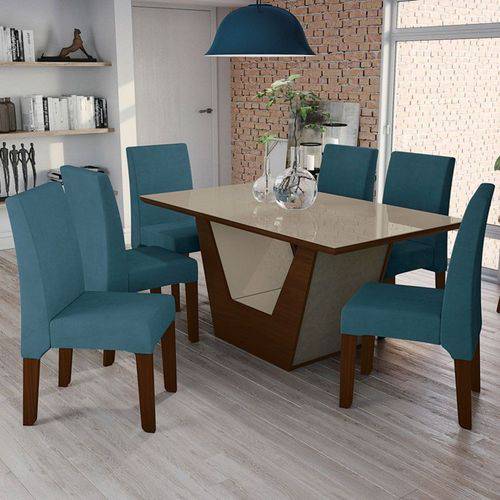 Conjunto Sala de Jantar Mesa Verbena e 6 Cadeiras Walnut/bronze/azul - Kappesberg