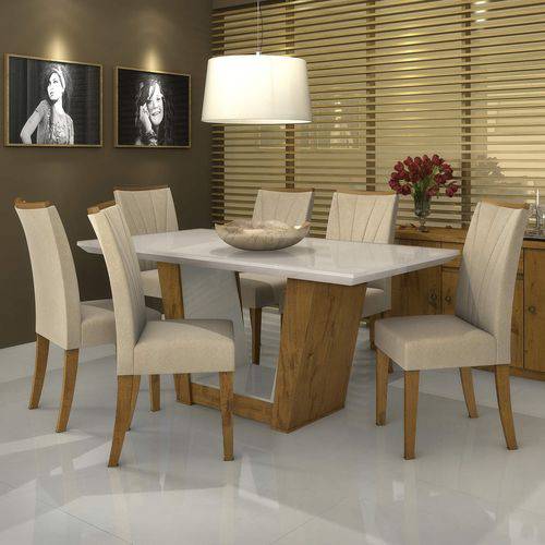 Conjunto Sala de Jantar Mesa Vidro Off White 6 Cadeiras Apogeu Móveis Lopas Rovere/Offwhite/Veludo