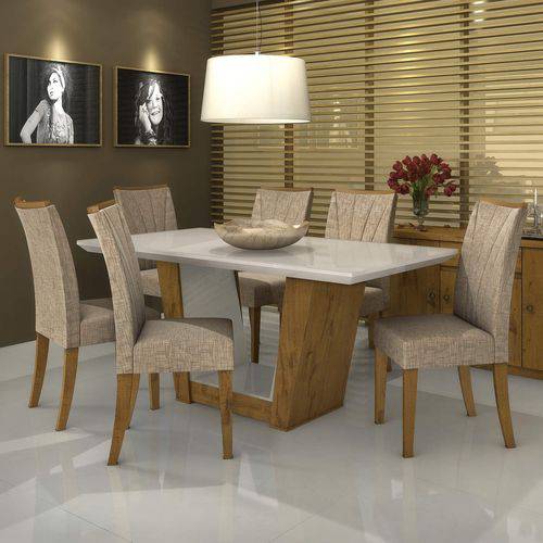 Conjunto Sala de Jantar Mesa Vidro Off White 6 Cadeiras Apogeu Móveis Lopas Rovere/Offwhite/Velvet