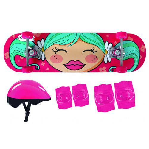 Conjunto Skate Infantil Rosa com Kit Proteção Mor