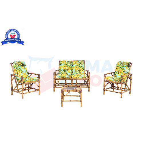 Conjunto Sofá de Área Bambu 4 Lugares de Fabricação Artesanal - 1 Sofá + 2 Cadeiras + 1 Mesa de Centro. Almofadas Azul Flores - Cadeiras de Bambu Bambuluarte