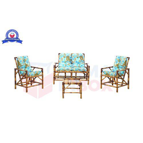 Conjunto Sofá de Área Bambu 4 Lugares de Fabricação Artesanal - 1 Sofá + 2 Cadeiras + 1 Mesa de Centro. Almofadas Azul Plantas - Cadeiras de Bambu Bambuluarte